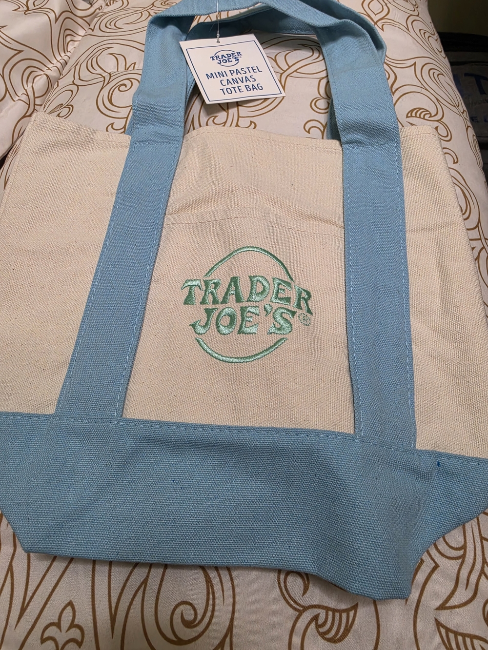 Trader Joe's Mini Pastel Canvas Tote Bag - Cream with Light Blue Trim